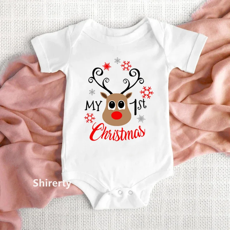 

Cute Boy Girl New Year Clothes My First Christmas Bodysuit Reindeer Body Baby Romper Cotton Infant Short Sleeve Playsuit Outfits