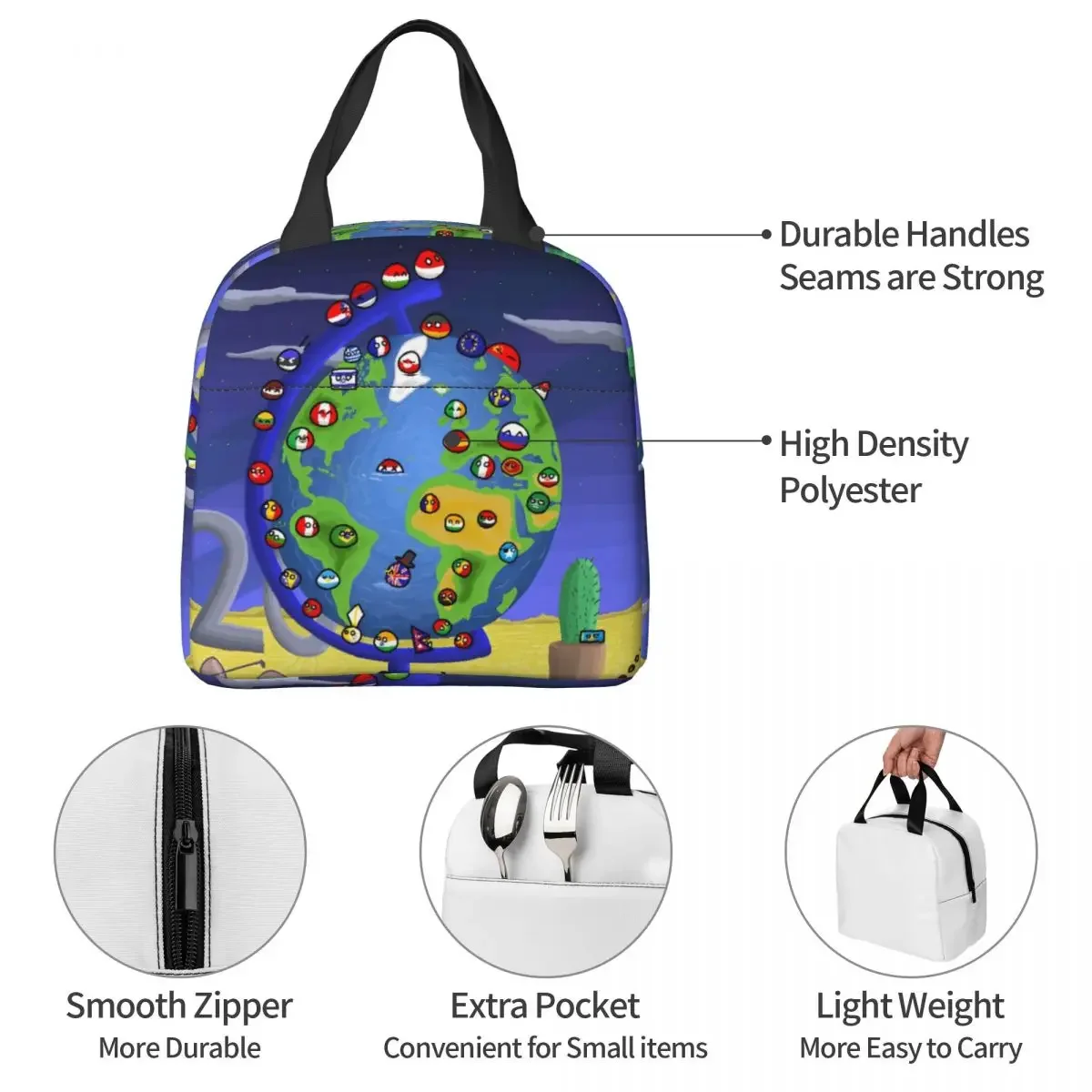 Countryball การ์ตูนถุงอาหารกลางวันฉนวนแบบพกพาประเทศ Earth น่ารักภาชนะบรรจุอาหารกระเป๋าเก็บความร้อน Tote กล่องอาหารกลางวันวิทยาลัยปิกนิก