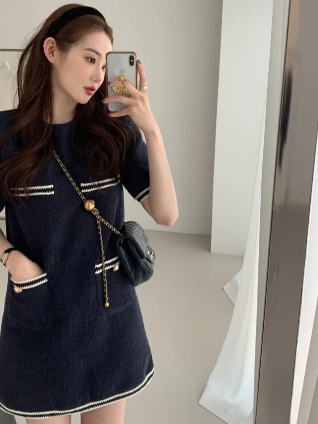 

Шикарный ранний весенний простой круглый дизайн Ne Color Blo ket Loose ort Sve Tweed Dr Women's Faion Весна-лето