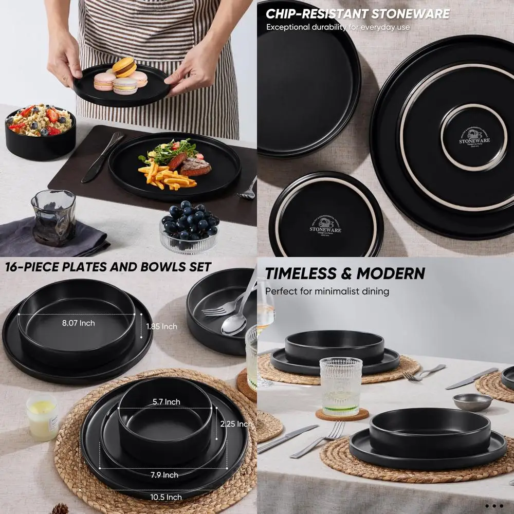 

Набор посуды из 16 предметов из керамогранита: матовые черные тарелки и миски для пасты, пригодные для использования в микроволновой печи и посудомоечной машине