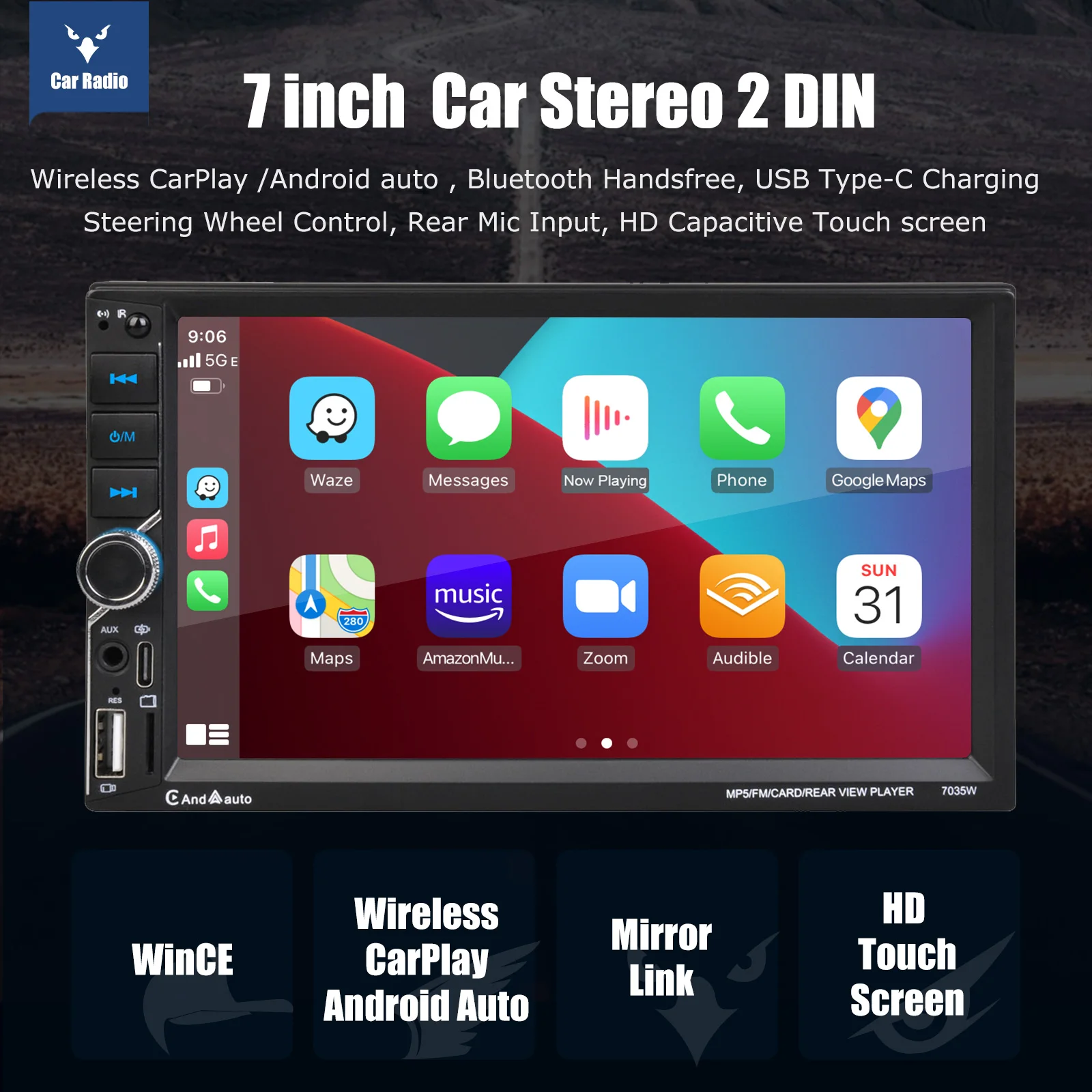 راديو ستيريو للسيارة مزدوج 2 Din مقاس 7 بوصات Apple CarPlay وAndroid Auto USB/TF Mirrorlink SWC شاشة تعمل باللمس بلوتوث DSP FM/RDS + MIC وكاميرا
