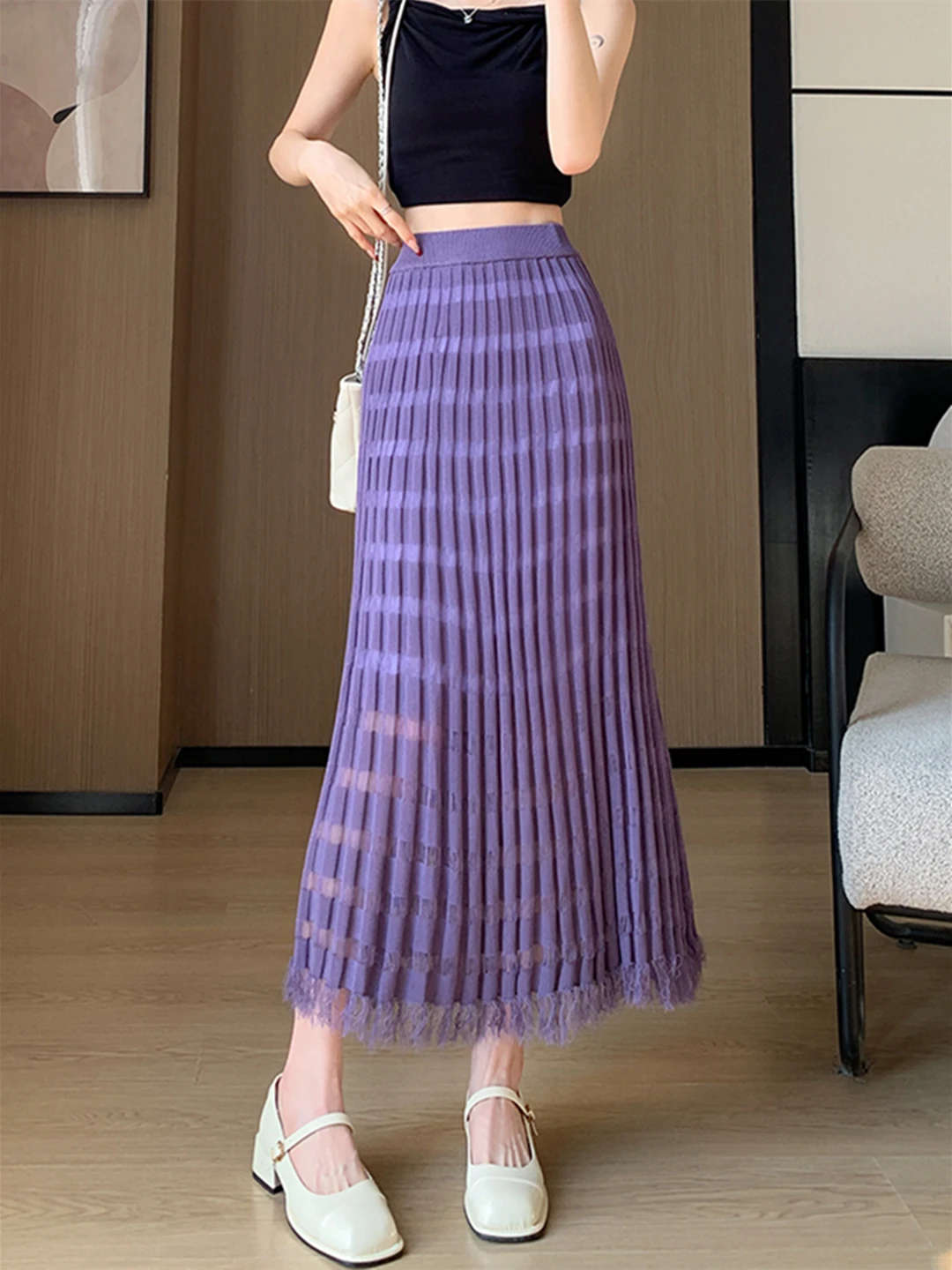 

2024 New Spring Summer Women High Waist Slim Long Skirt High Quality Fashion Patchwork Knitted Tassel Hem Pleated Skirt