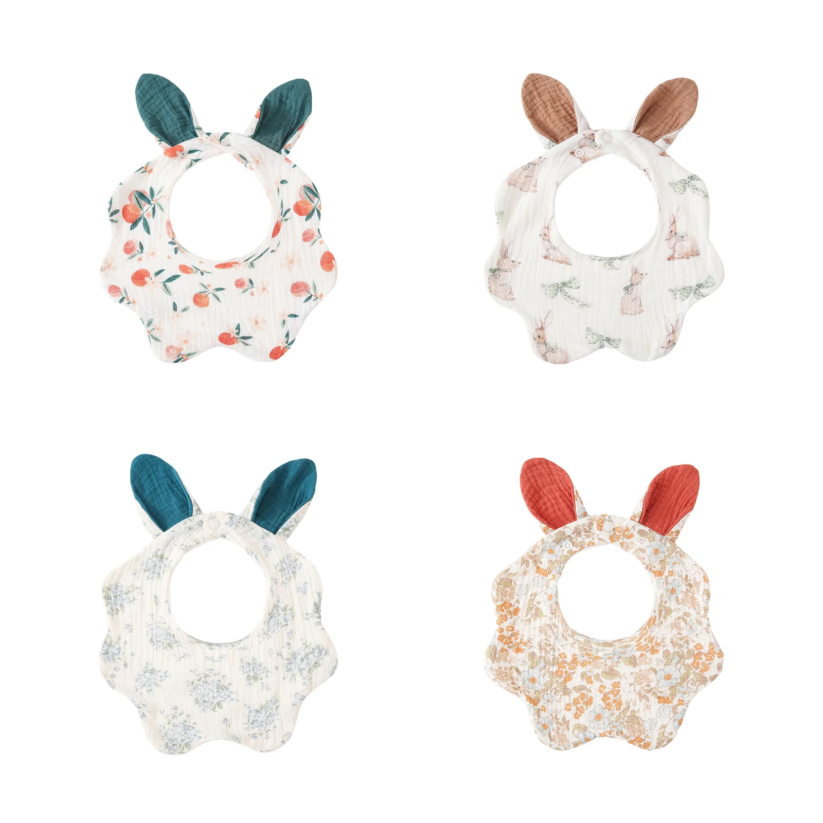 

Cute gauze rabbit ears wavy edge bibs A/E/F/K four-piece set