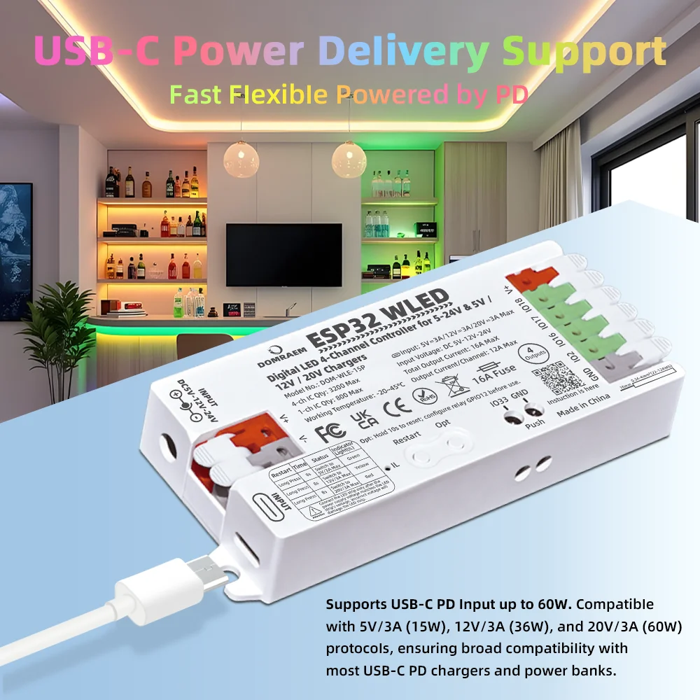 Dual PSU ESP32 WLED Digital LED Controller PD 5V/12V/20V & DC 5-24V with 4 Outputs for WS2811/12B  APA102 Pixel LEDs by DOMRAEM