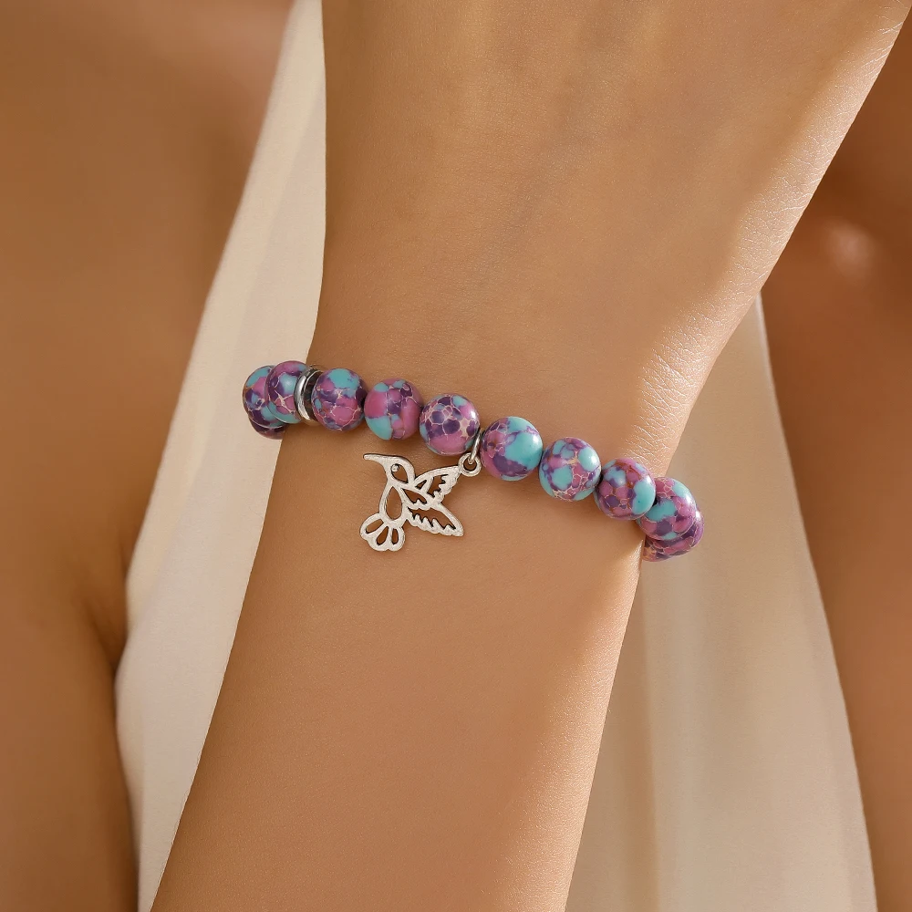 

Cute Pink Zebra Hummingbird Crane Pendant Bracelet for Women Natural Stone Beads Bangle Jewelry Gift for Girls Birthday