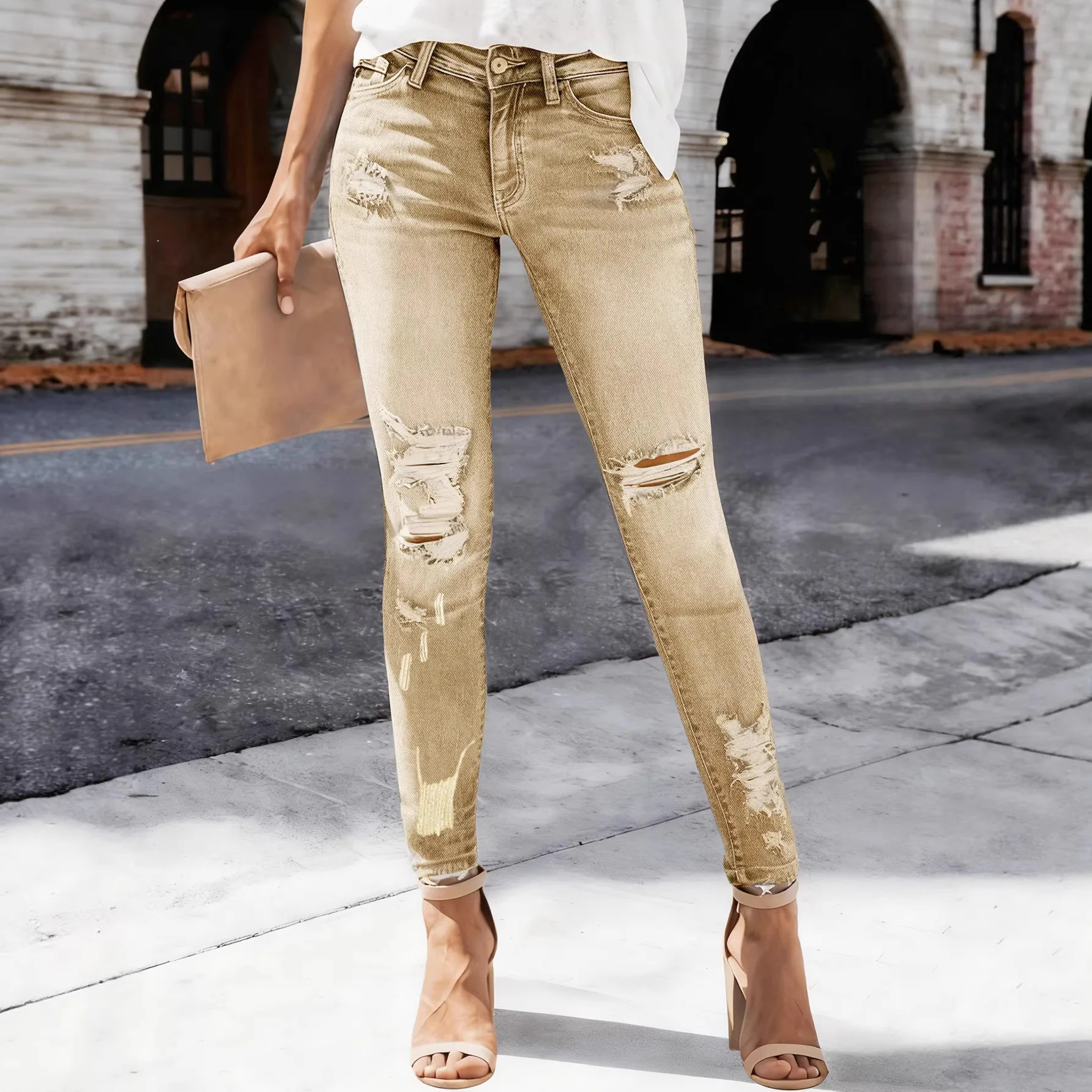 Hole Jeans Women Straight Pants Strecth High Strecth 2026 Streetwear Denims Washed Distressed Pockets Vintage Ripped Trousers