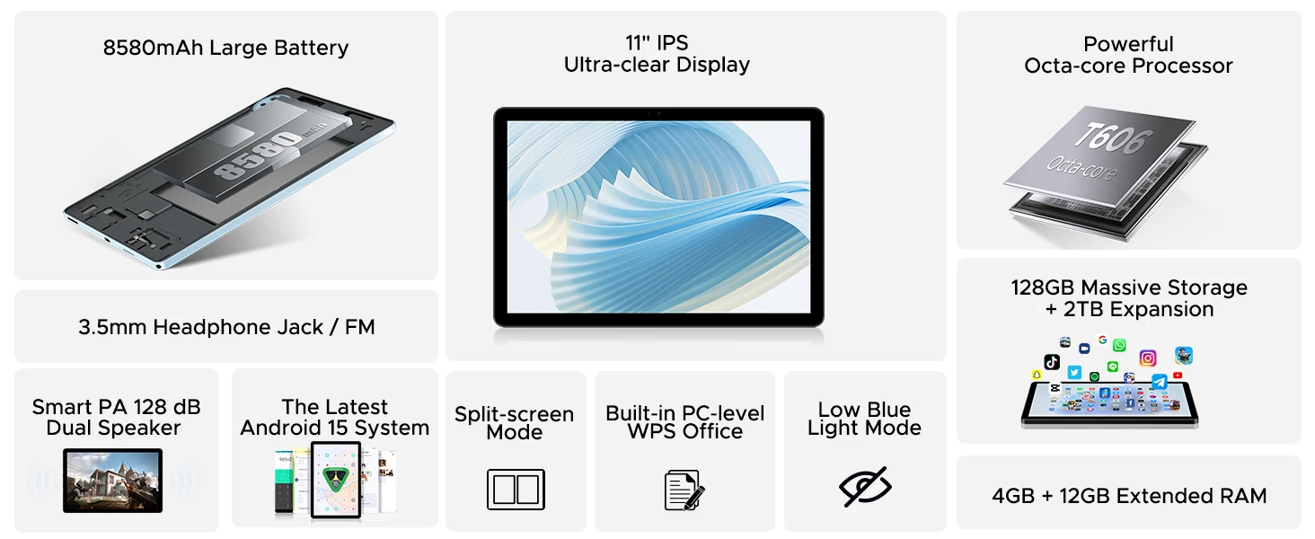 DOOGEE U11 2 in 1 Tablet PC Android 15 16GB(4+12) 128GB 11" Ultra-clear 90Hz Display Unisoc T606 8580mAh Battery Widevine L1
