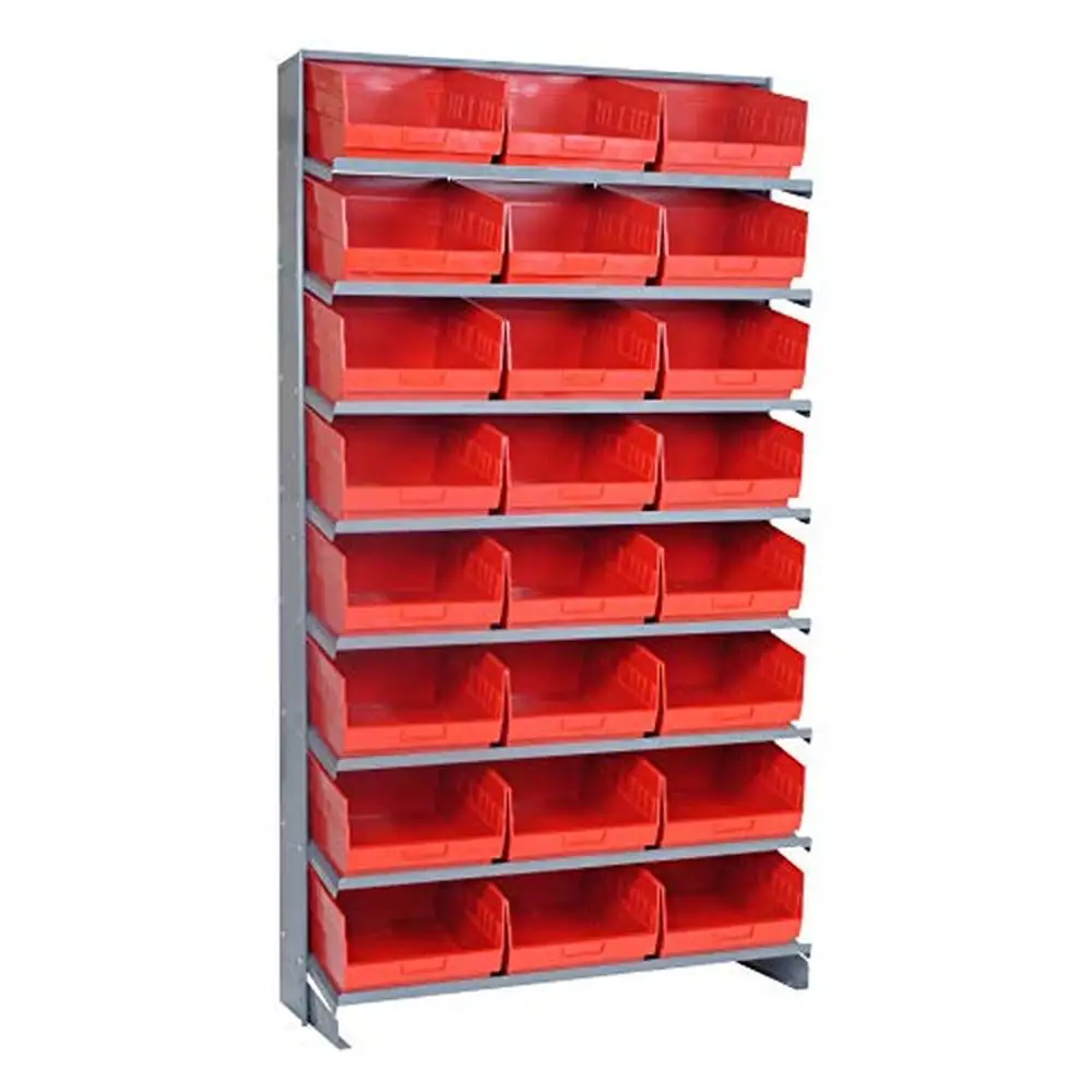 

Sloped Display Shelving Storage Pick Rack 8 Shelves 24 Red Bins Healthcare Warehouse Solution 400lbs Capacity