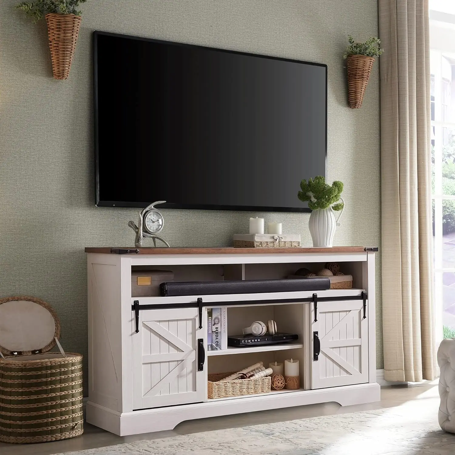 OKD-Farmhouse TV Stand para 65 + TV, 33 "Tall Highboy Entertainment Center, porta de celeiro deslizante, Rustic Media Console, Armazenamento, TV Stand