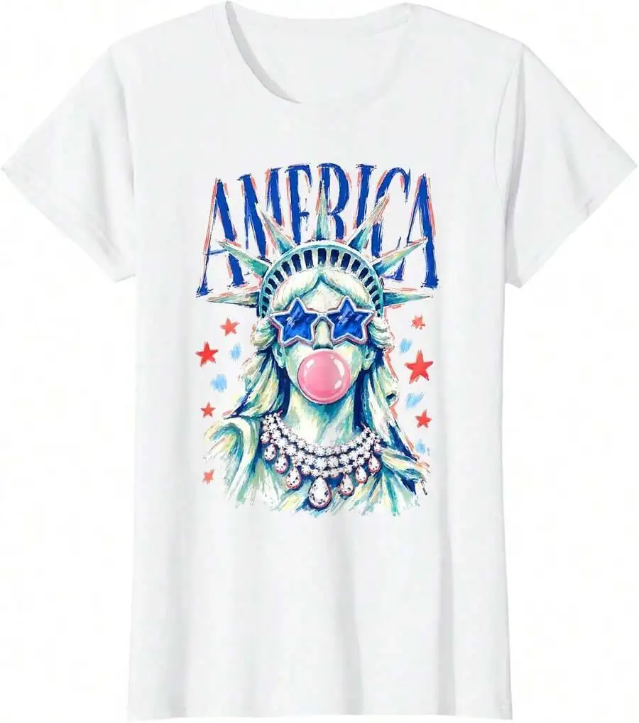 Brushstroke Statue Liberty Blowing Bubble Gum 4Th Of July T-Shirt 100% Cotton Trendy Y2K Short-Sleeve Tee-Soft, Quick-Drying,