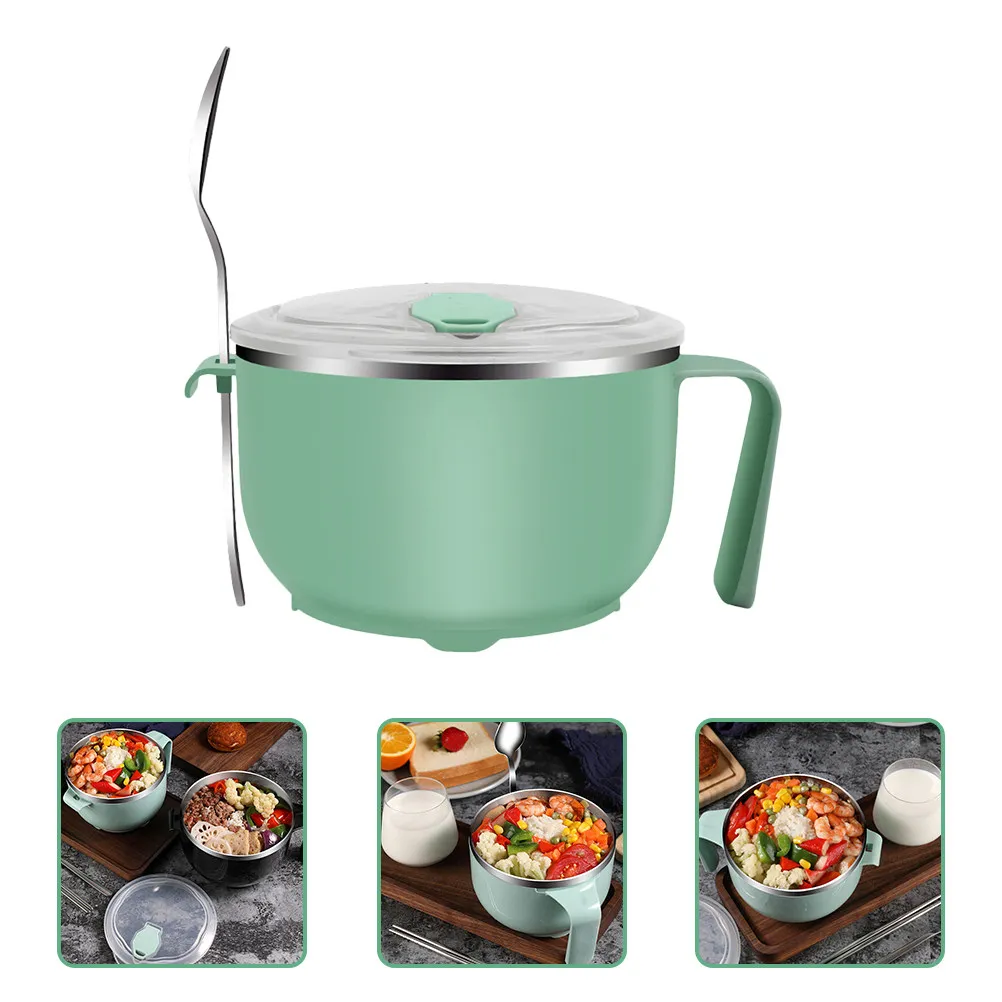 1Set Stainless Steel Noodles Bowl Lidded Anti-Scald Handle 1200ml Food Storage Soup Salad Bowl with Drainage Hole
