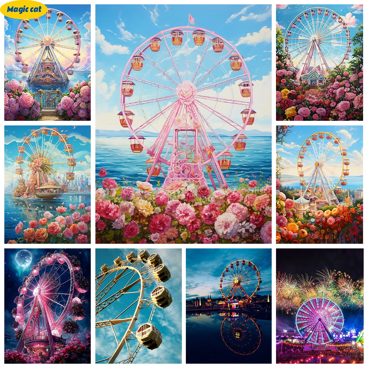 

Ferris Wheel 5D Diamond Painting Pink Ferris Wheel Diy Diamond Embroidery Cross Stitch Adult Handmade Mural Home Wall Decor Gift