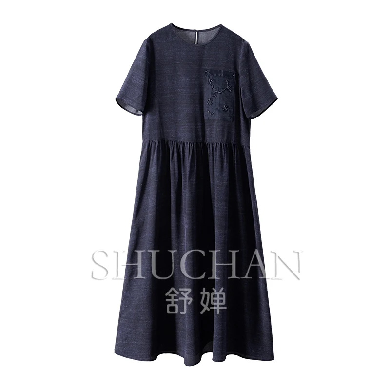 

Navy Blue Apotheosis Natural Silk Bead Embroidery Splicing Pinch Pleated Dress Women 1Y33 Vestidos De Verano Mujer
