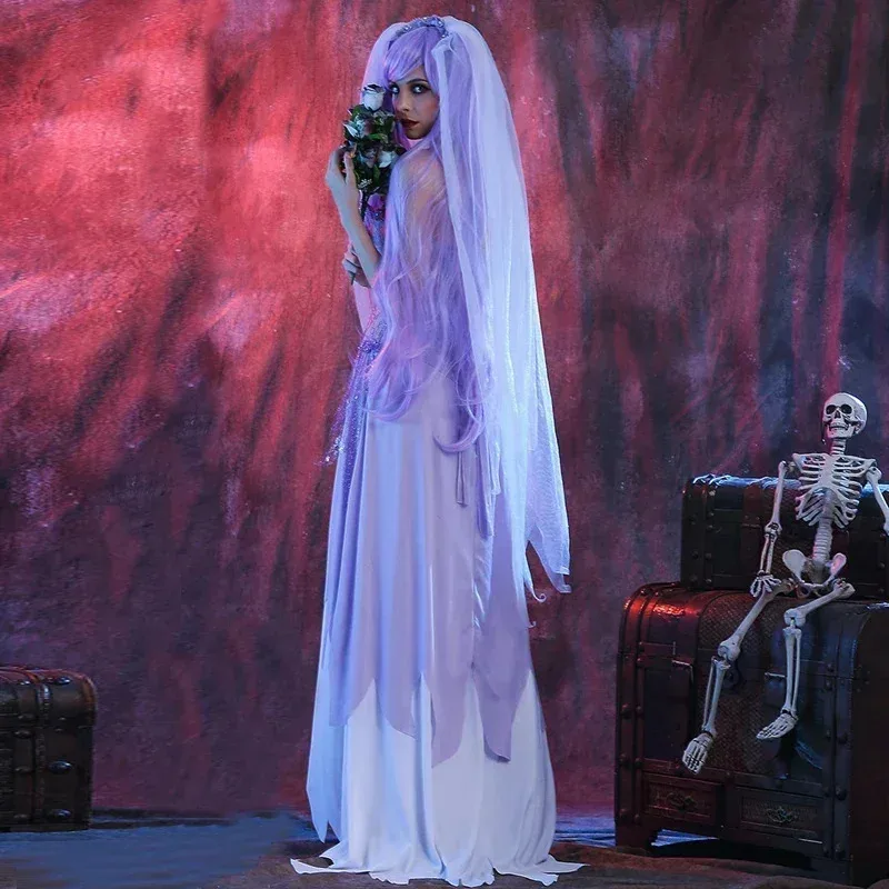 Costume da sposa zombie viola da donna - The Walking Dead Horror Halloween Fancy Dress Ghost Party Outfit Cosplay per donna
