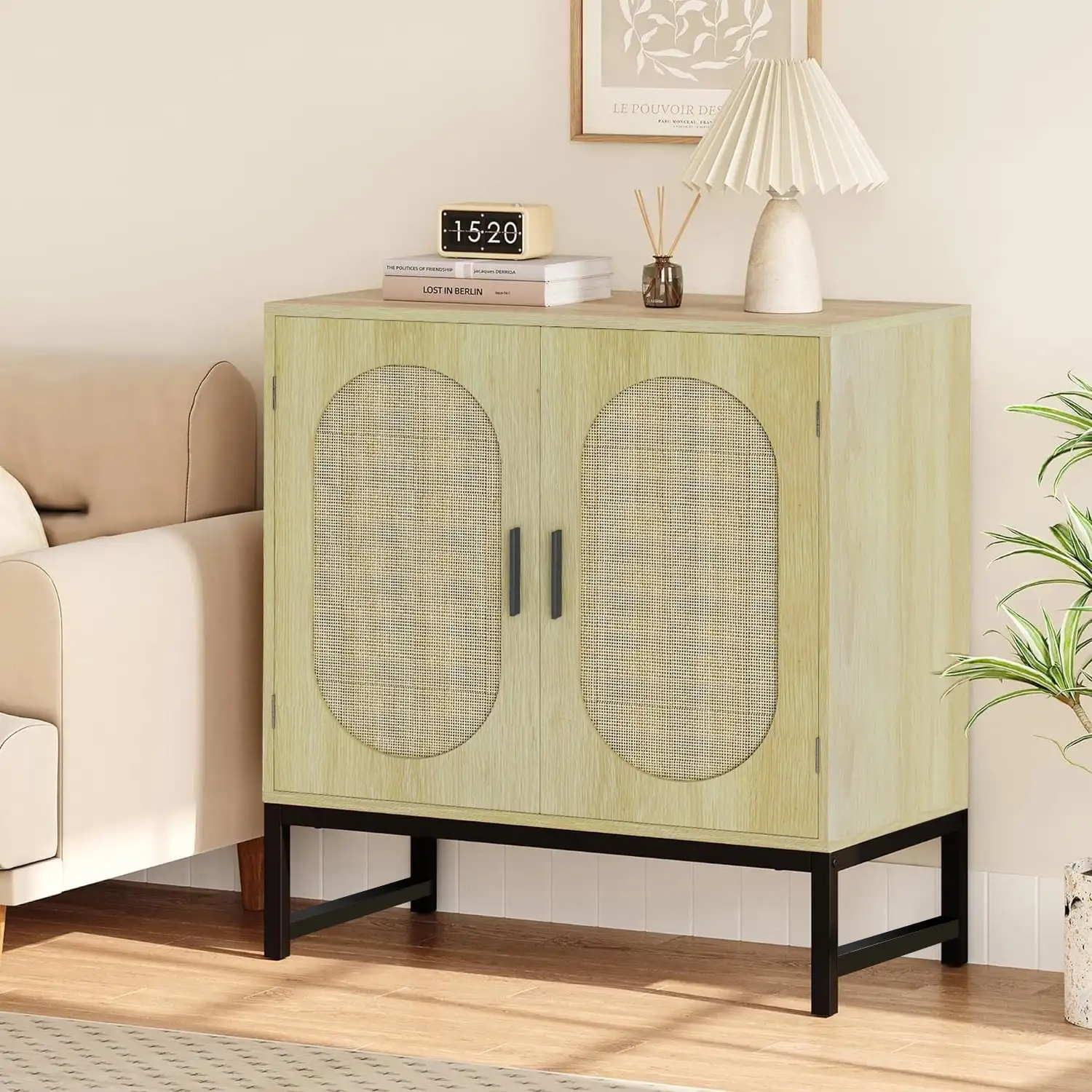

New Modern 2 Rattan Arched Door Sideboard,Accent Cabinet with Metal Leg,Light Oak,31in L