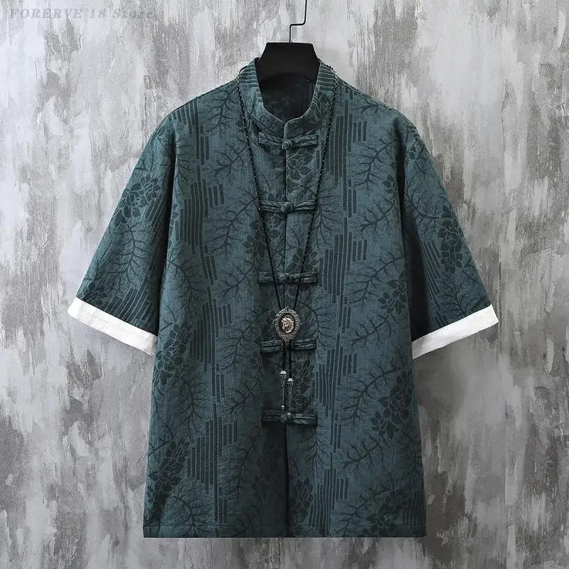 Men Blouses Large Size 6XL Tang Suit Top Vintage Button Shirt Traditional Chinese Style Loose Casual Jacquard Half Sleeve Shirts