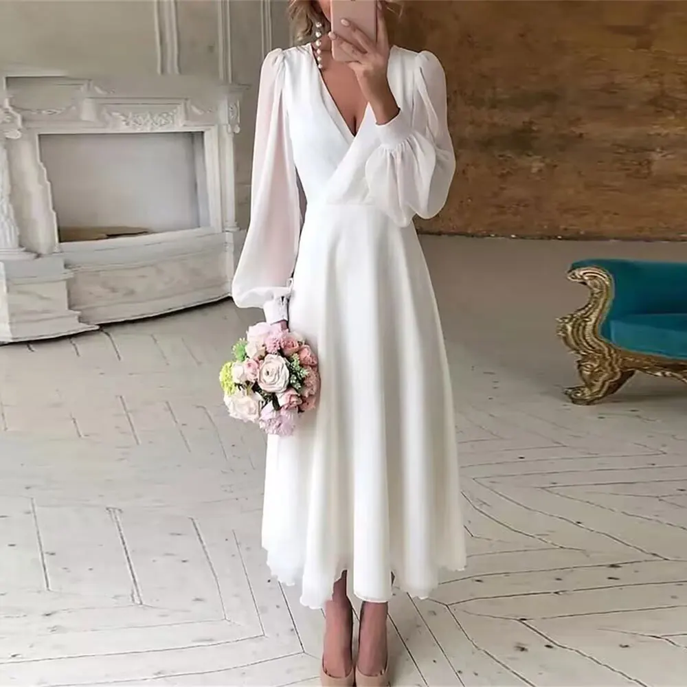 Chiffon Wedding Dress V Neck Long Puffy Sleeves Simple Bridal Gowns A-line Formal Occasion Dresses Vestidos De Novia