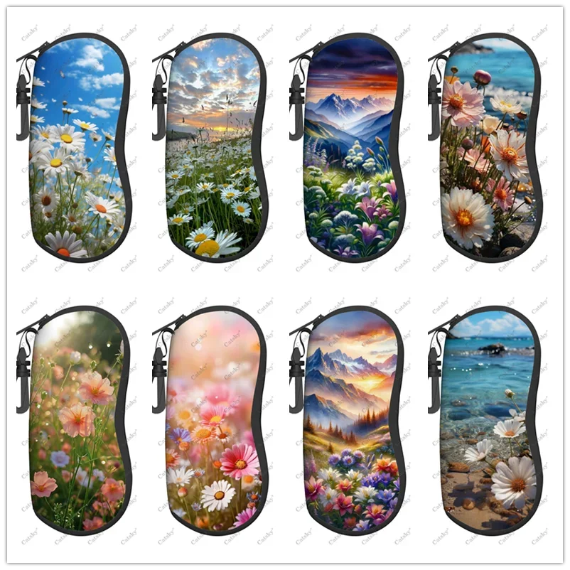 Daisy landscape flower Glasses case zipper travel printed soft shell suitable for storing pencil bags, cosmetics glasses cases