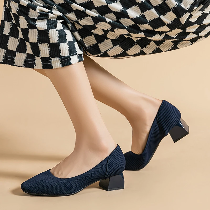 Straight Grain Square Toe Princess Shoes Thick Heel Single Shoes Women Summer Mid-Heel 4cm Breathable Knitted Soft Sole Casual view 3