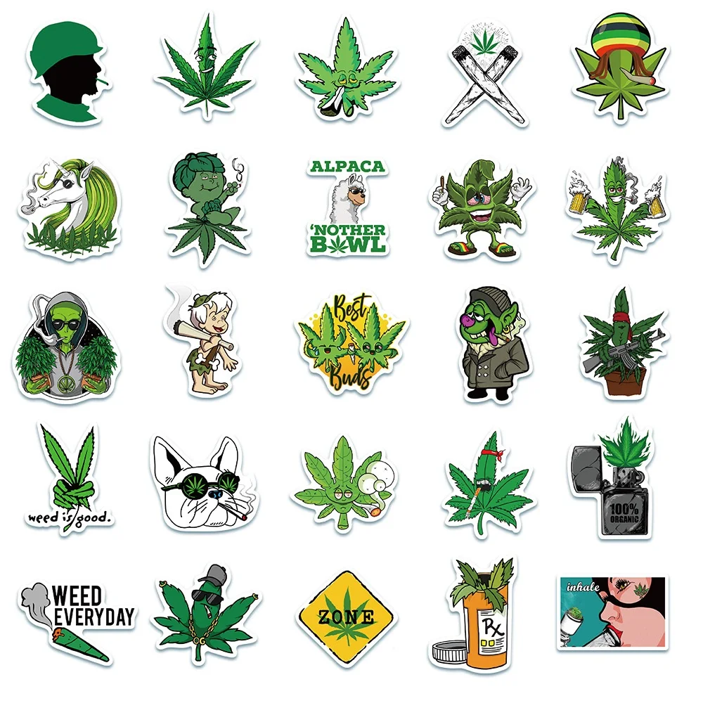 50/100pcs Funny Characters Hemp Leaves Weed Smoking Stickers Laptop Car Skateboard Guitar Fridge Waterproof Cool Sticker