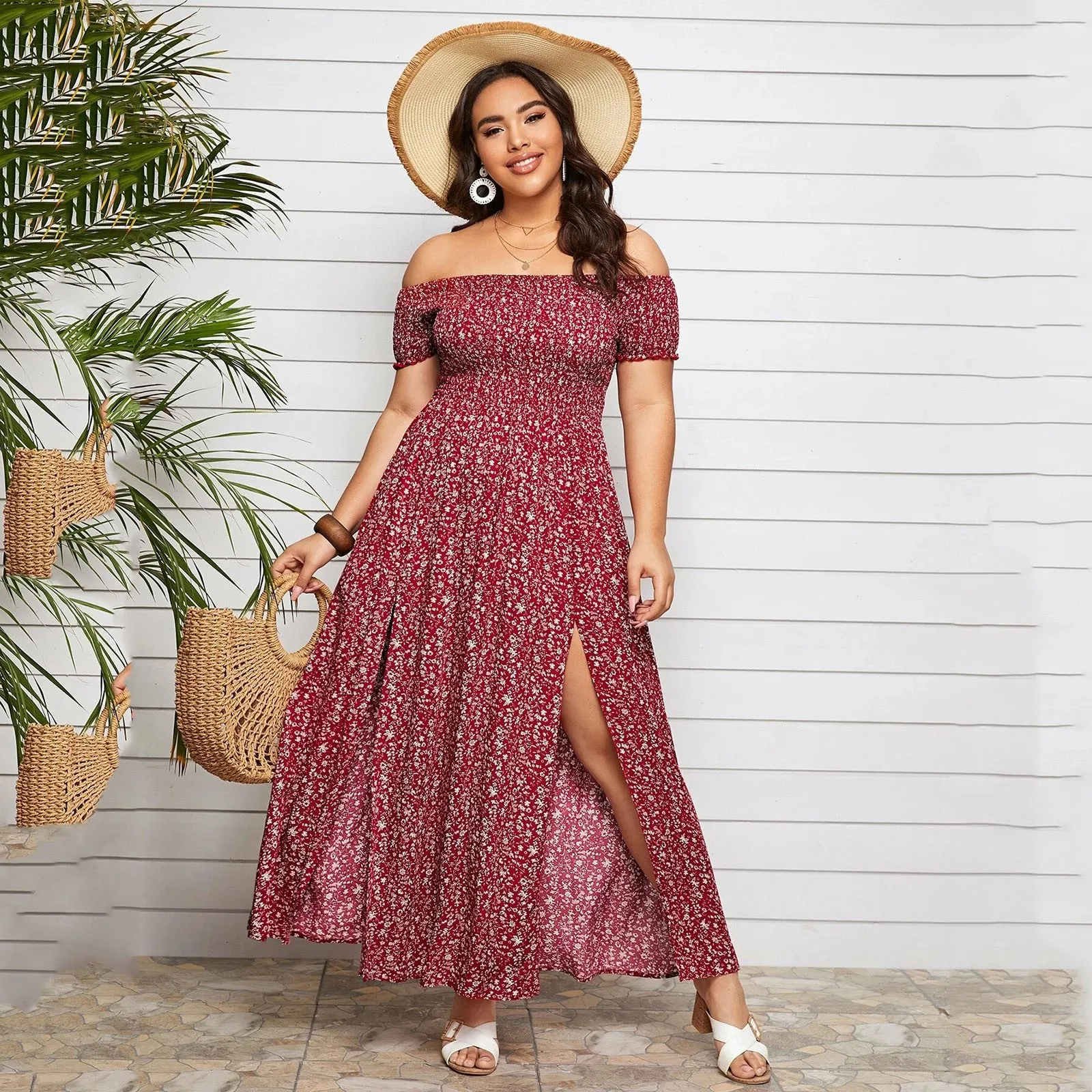 2024 New Women Summer Plus Size Dress Chest Wrapped Short Sleeve Split Flowy Hem Off Shoulder Print Maxi Boho Dress Streetwear