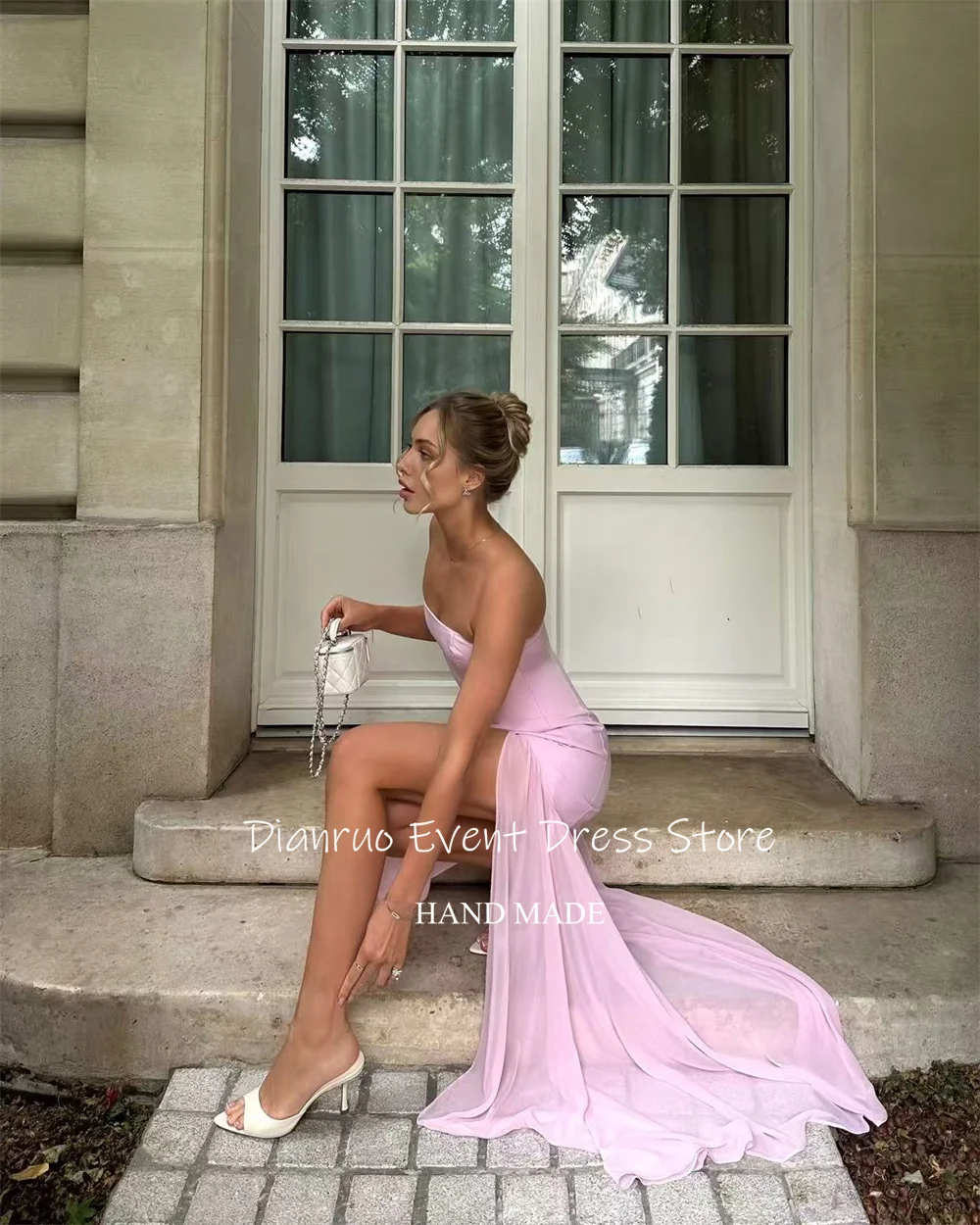 Dianruo Элегантные вечерние платья без бретелек Длинные атласные пышные платья с разрезом Асимметричные халаты без рукавов Bal De Promo Индивидуальные