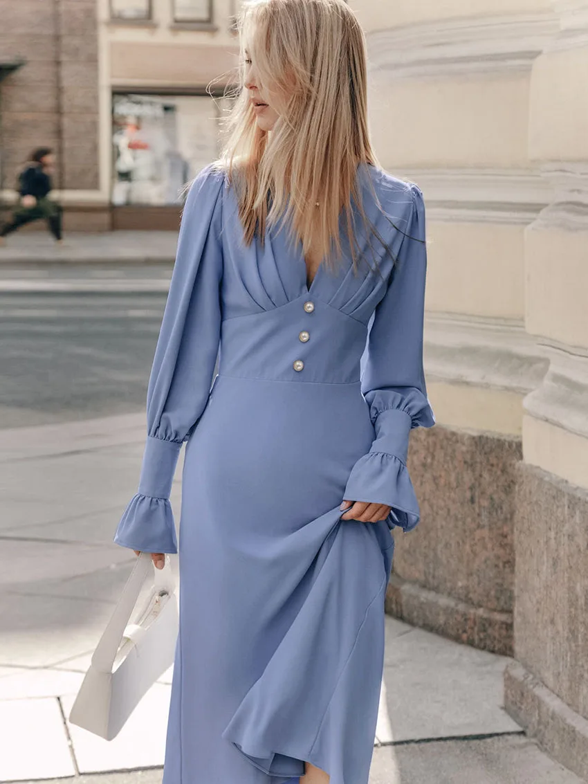 Parc Fee Fashion Slim Blue Dresses 2024 Women Bodycon V-Neck Long Sleeve Midi Dress Elegant Classic High Waist Female Dress