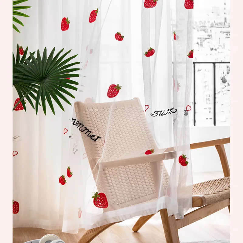 Korean Strawberry Embroidered Yarn Curtain White Window Sheer Voile Drapes for Kids Bedroom Living Room Balcony Home Decor