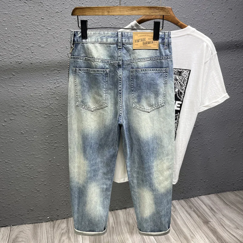 Men's Ripped Jeans with Ornaments Design Summer Breathable Comfort Trend Retro Distressed Trendy All-Match Casual Cropped Pants