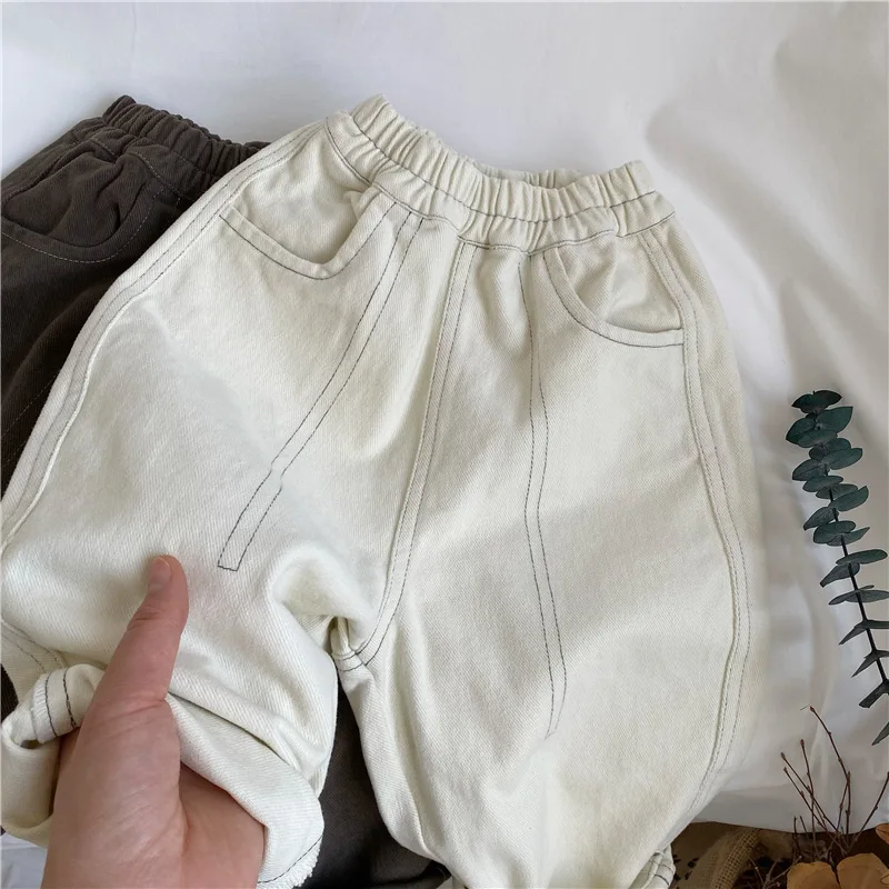 2025 Autumn New Children's Color Matching Line Washed Cotton Overalls Children's Loose Trousers