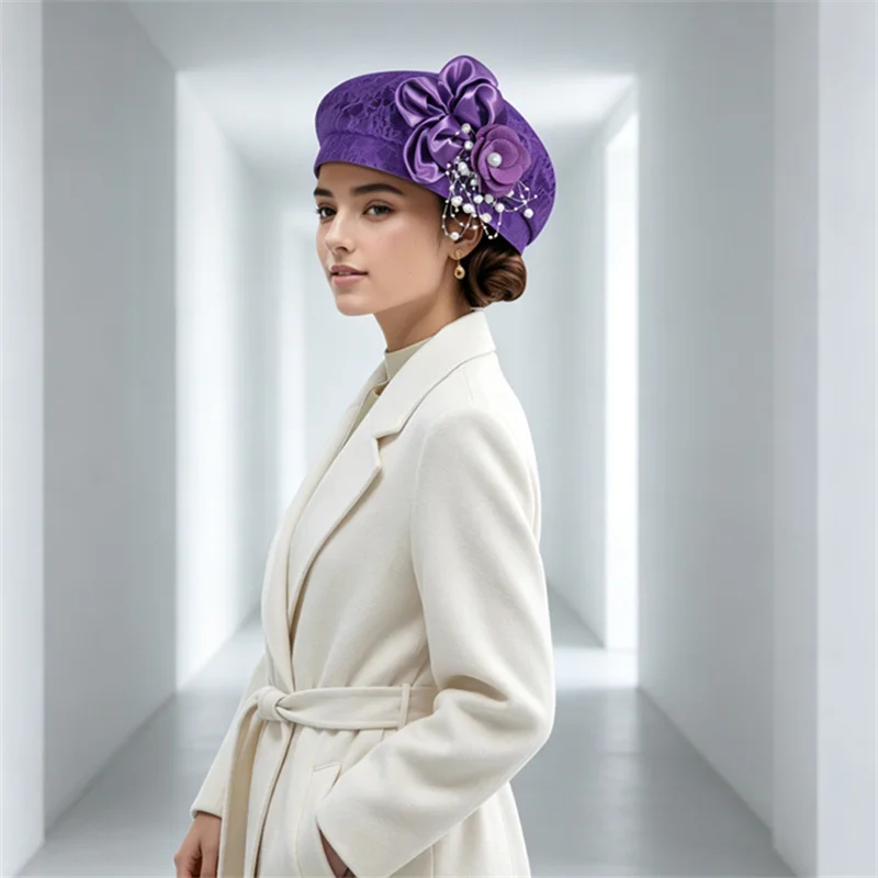 Lace Flower Beret Cap African Turban Hat for Women Beads Party Head Wrap Auto Gele Headties Nigeria Wedding Headpiece Bonnet