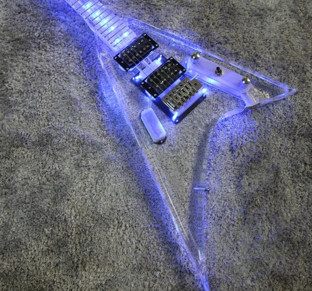 Good quality acrylic electric guitar with blue led light fly V electricas electro electrique guitare guiter guitarra gitar