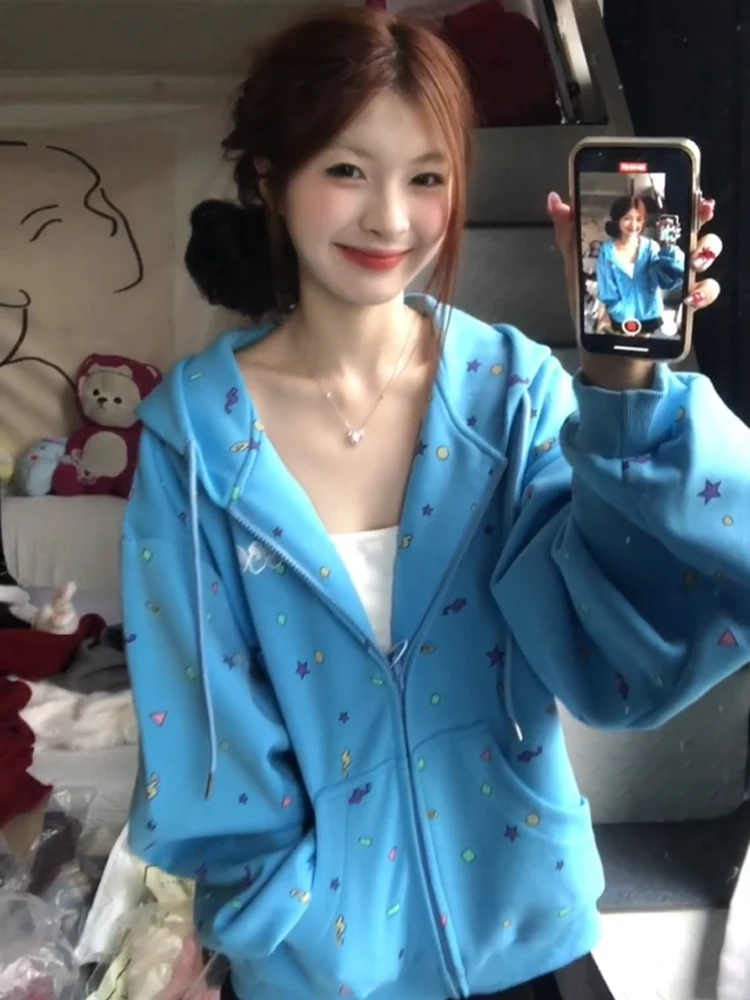 Luźna bluza z kapturem damska wiosenno-jesienna z nadrukiem gwiazd, styl high street, swobodna, wygodna odzież wierzchnia streetwear