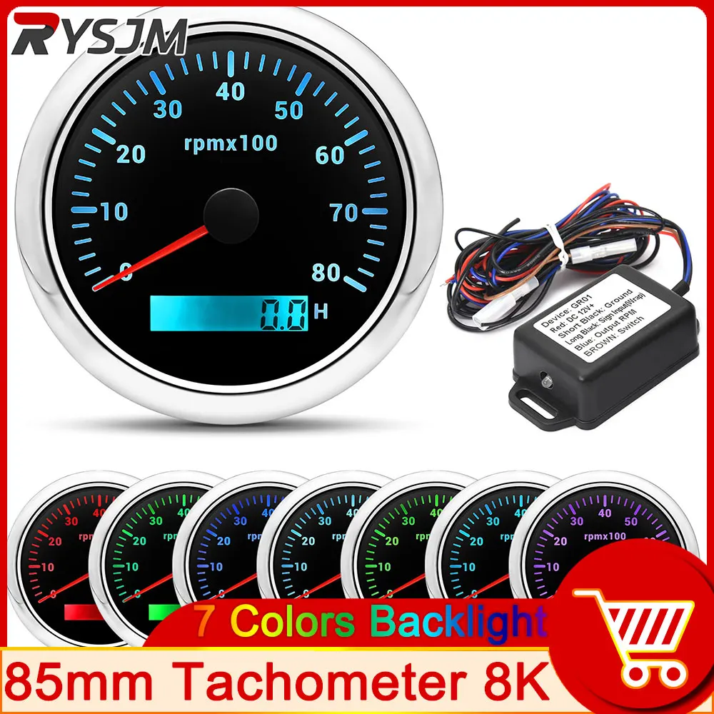 

12V 24V Car Tachometer 85MM Motorcycle Speed Meter 7 Colors Automobile Modification 8000 RPM Meter Adapter Tach Sensor