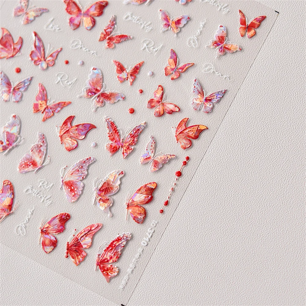 5D Brilhante Shell Aurora Borboleta Prego Adesivos, Red Nail Art Decoração Decalques, DIY Manicure Slider Folha, Alta Qualidade, Kawaii, 1Pc