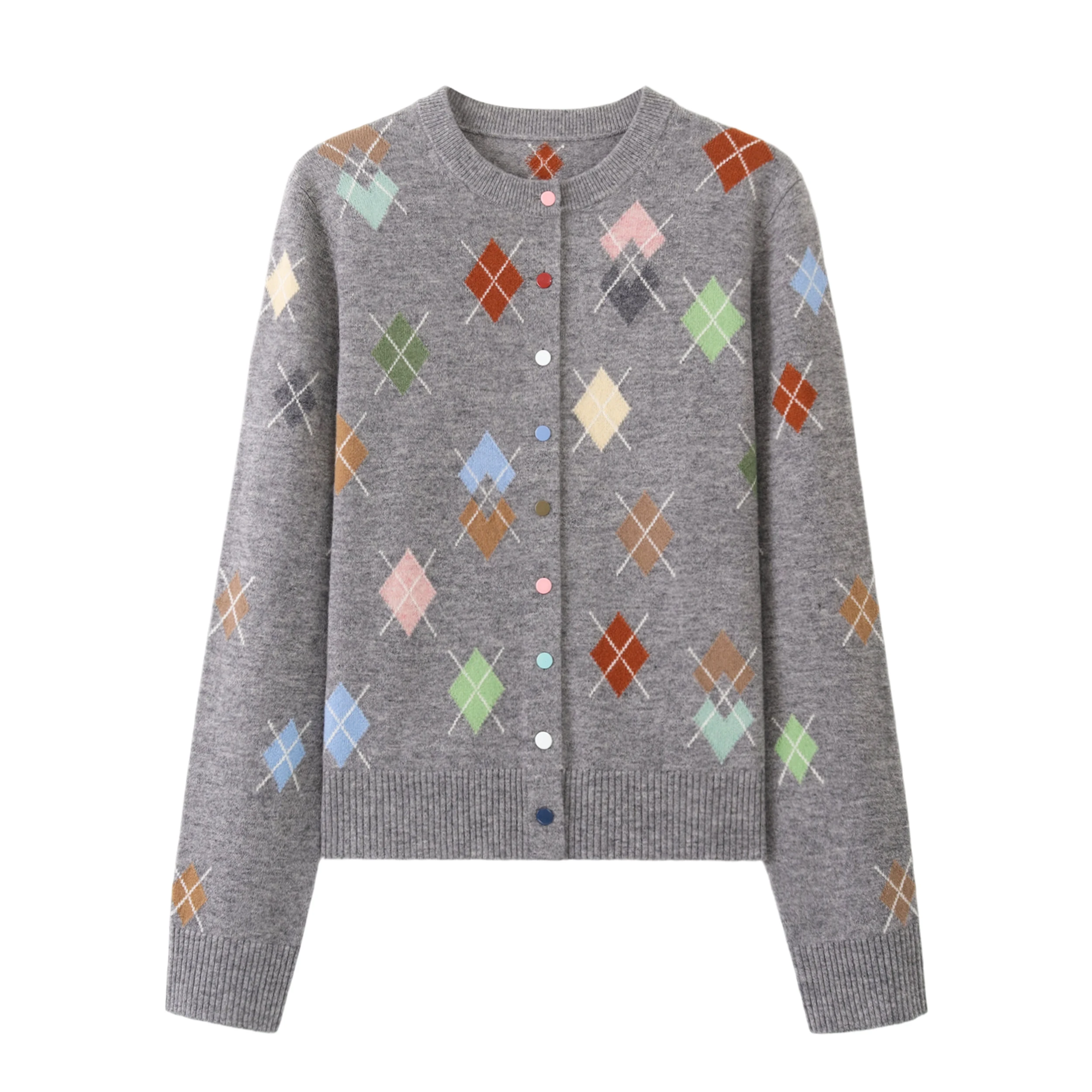Women Grey Argyle Cashmere Cardigan, Round Neck Multi Color Buttons Vintage Diamond Pattern Knit Sweater Cropped Knitted Outerwe
