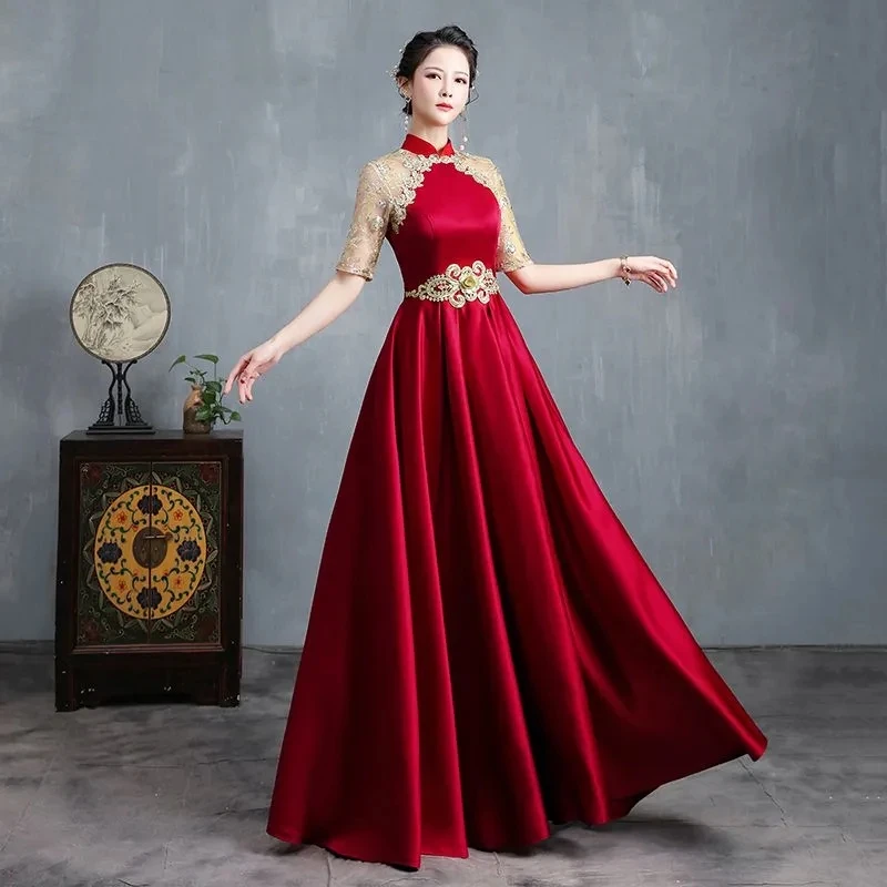 Wine Red Evening Skirt 2024 New Spring and Summer High-end Atmosphere Toast Dresss Host Show Chorus Performance Dress