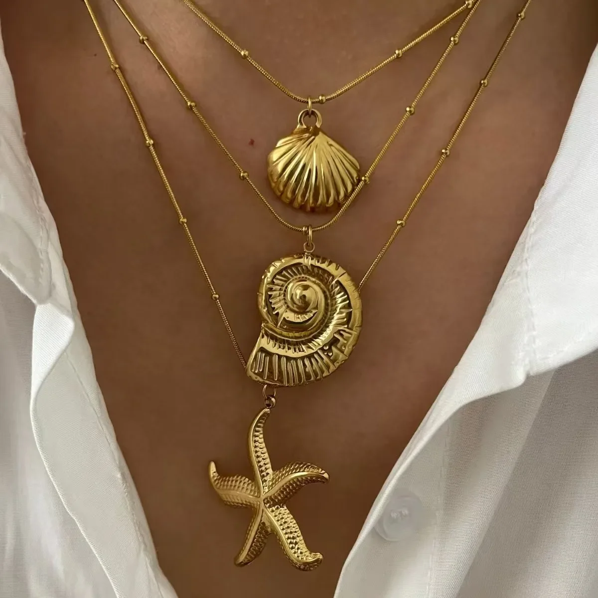 Starfish Shell Conch Pendant Choker Necklace Stainless Steel Ocean Trendy Jewelry Daily Vacation Gift