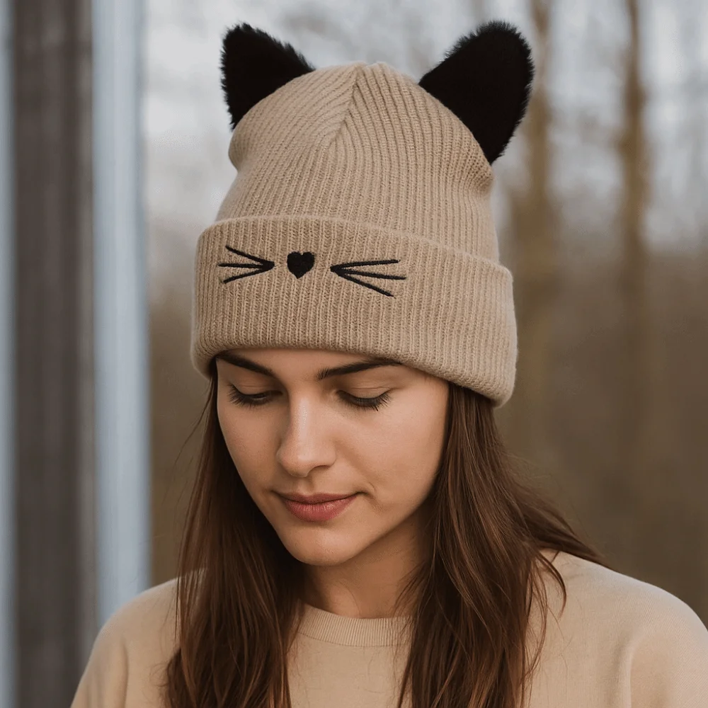 عادية بلون بلوفر مغزول قبعة الصوف الكورية آذان القط بيني الدافئة Coldproof الباردة قبعة الملابس والاكسسوارات #2