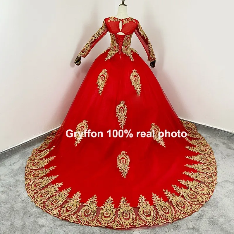 Red Wedding Dress Vestido De Noiva Classic Boat Neck Ball Gown Luxury Lace Robe De Mariee Plus Sise Wedding Gown