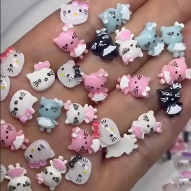 Hello Kitty Nail Charms Ornaments Kawaii Resin Cartoon Kitten Head Nail Stickers 3D Diy Decor Hairpin Accessories