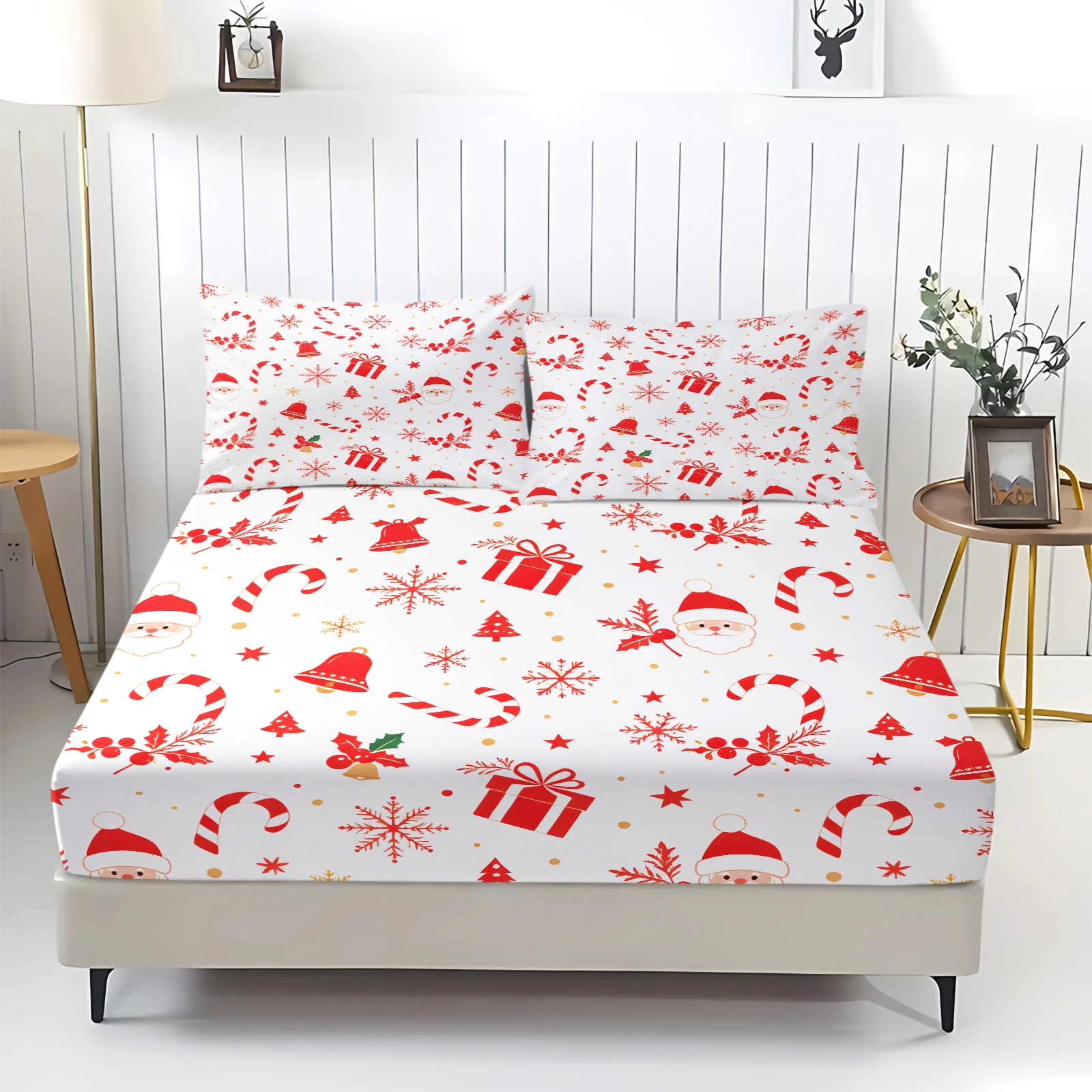 Christmas Fitted Sheet Set Santa Claus Candy Cane Snowflake Gift Print Deep‑Pocket Mattress Cover Soft Polyester Elastic Sheet