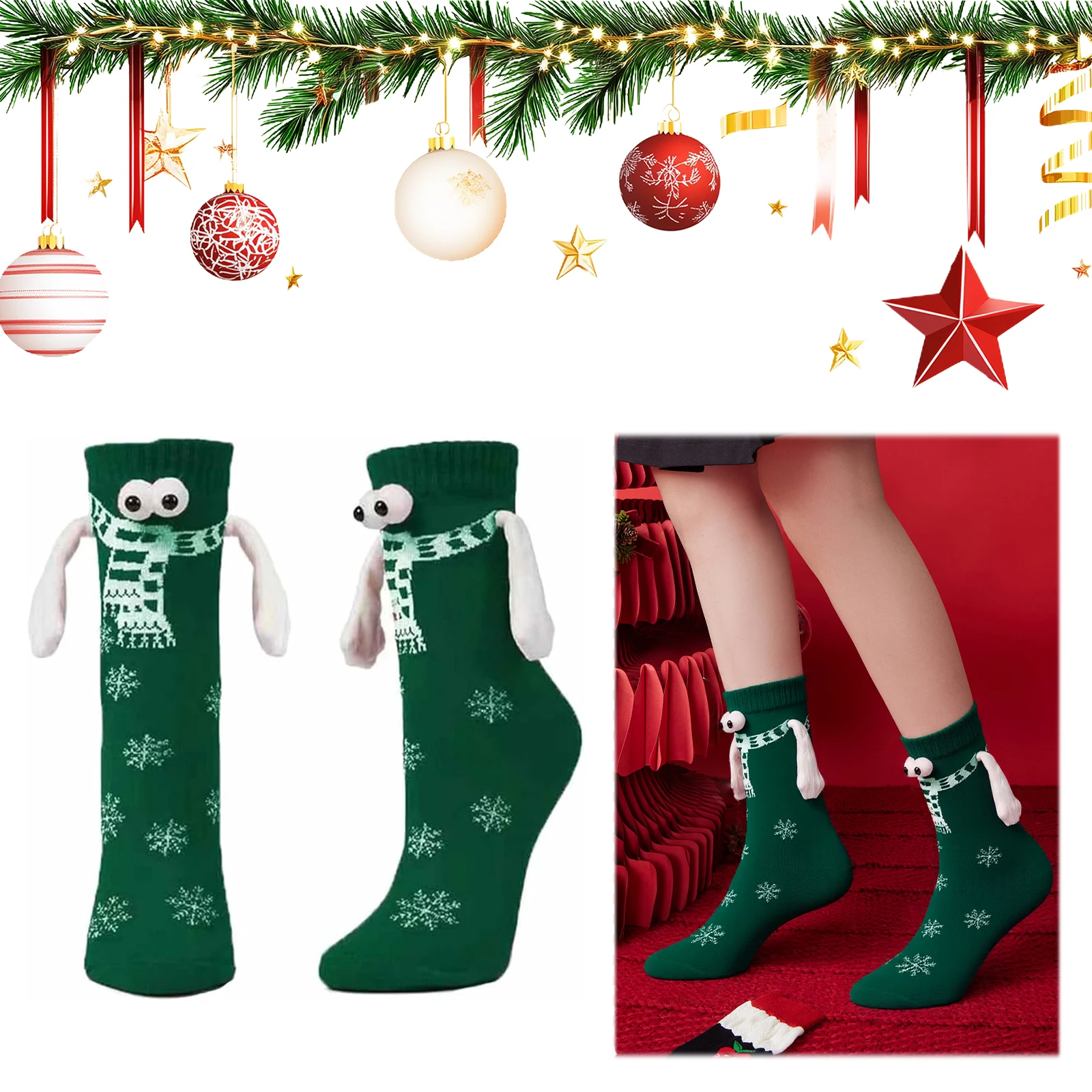 1 Pasang Kaos Kaki Natal Lucu Magnetik Bergandengan Tangan Kaos Kaki Pasangan Lucu yang Serasi untuk Wanita & Pria Remaja Pasangan Teman