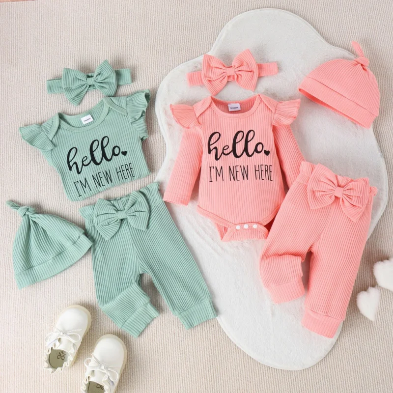 

Cute Baby Sets Letter Print Sweet Long Sleeve Jumpsuit+Bowknot Wide Leg Pants+Knitted Hat+Headband Newborn Infant Clothes Suits