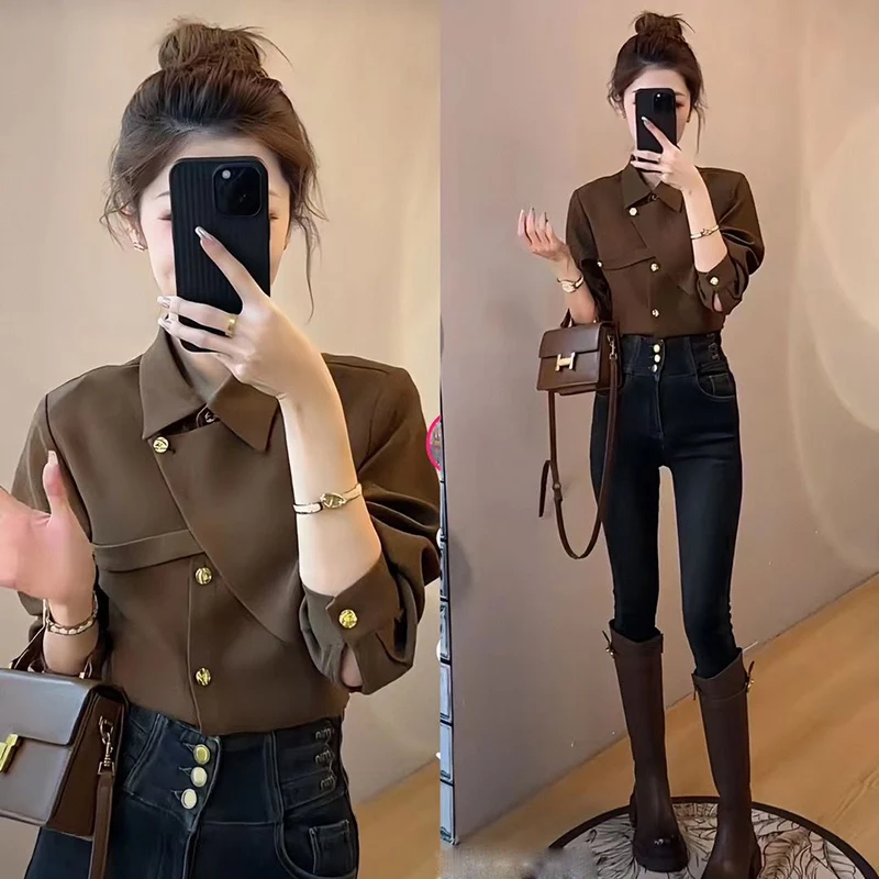 Elegant Lapel Button Solid Color Asymmetrical Shirts Women's Clothing 2023 Autumn Winter Loose Korean Tops Office Lady Blouses