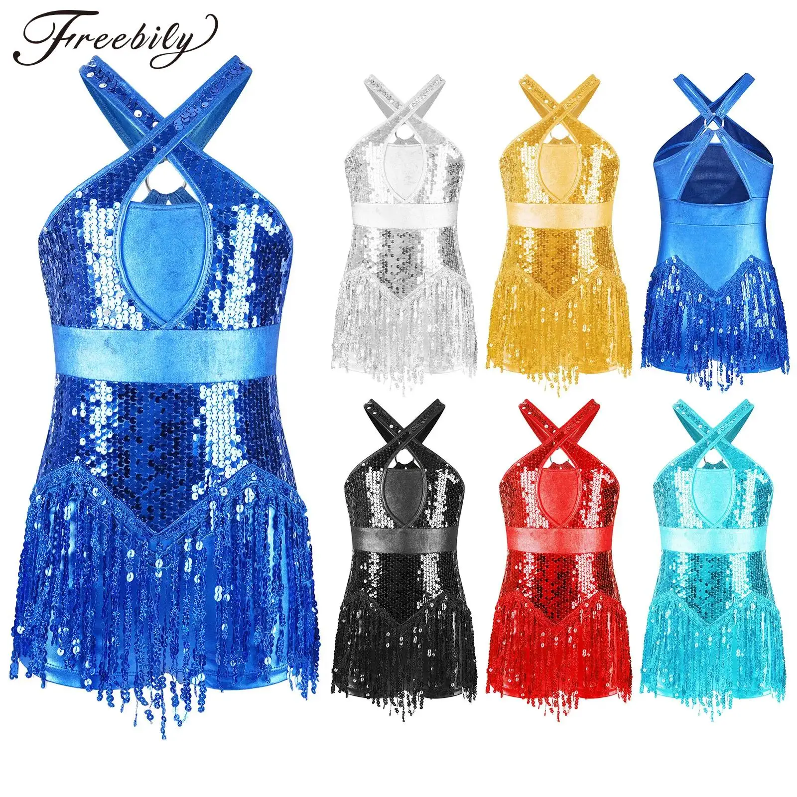 

Kids Girls Sparkly Sequins Latin Dance Fringed Bodysuit Tassel Leotard Performance Costume Tango Cha-Cha Dancing Jazz Dancewear