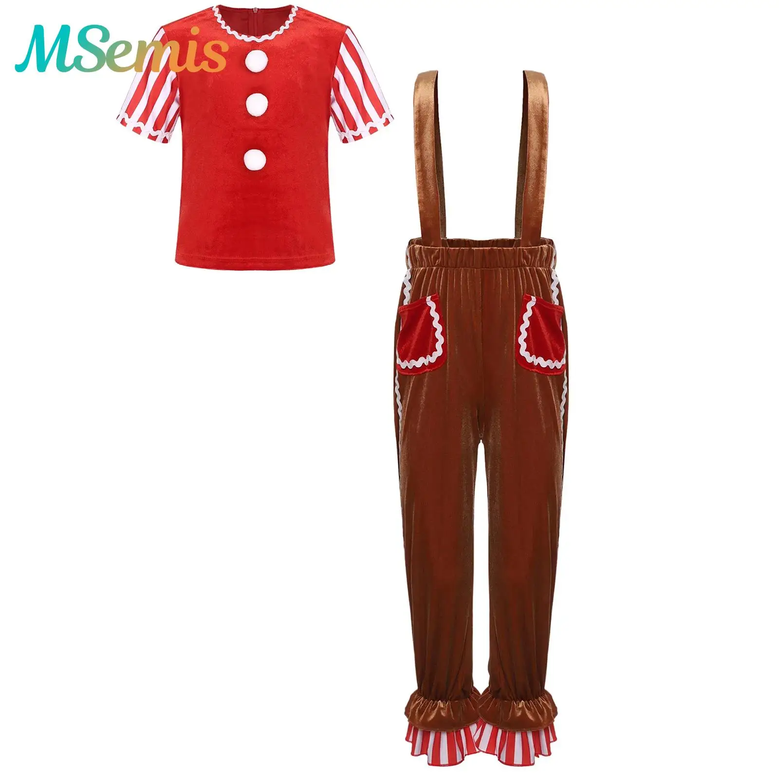 

Girls Christmas Gingerbread Man Halloween Cosplay Dress Up Costume Stripe Pompoms Gingerbread Elves T-shirt with Suspender Pants