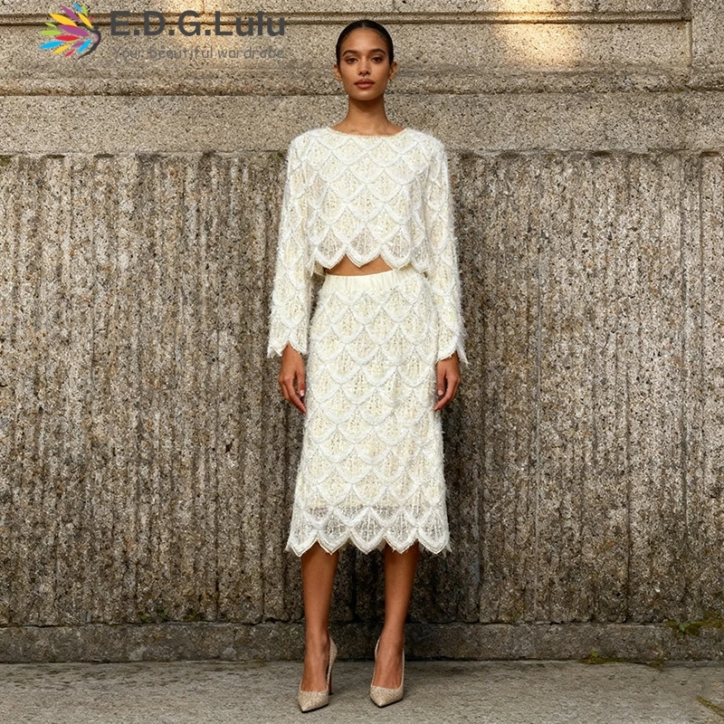 

EDGLuLu блестящий маленький ароматный стильный комплект из двух предметов, топ с круглым вырезом и длинными рукавами, рубашка + юбка с высокой талией, кружевной костюм 1103