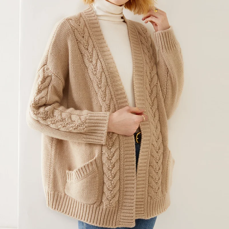 Europe and america borderVCollar Elegant Knitted Cardigan2024Autumn and Winter New Loose Twist Mid-Length Sweater Women's