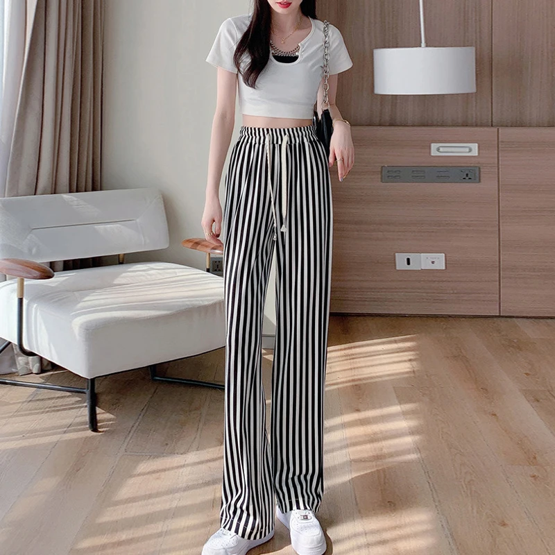 

Narrow Slim Straight Leg Pants Black And White Vertical Stripes High Waist Casual Striped Loose Wide Leg Pants For Women